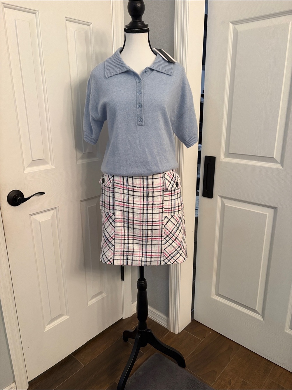 Karl Lagerfeld White Pink blue & Black tweed Mini Skirt